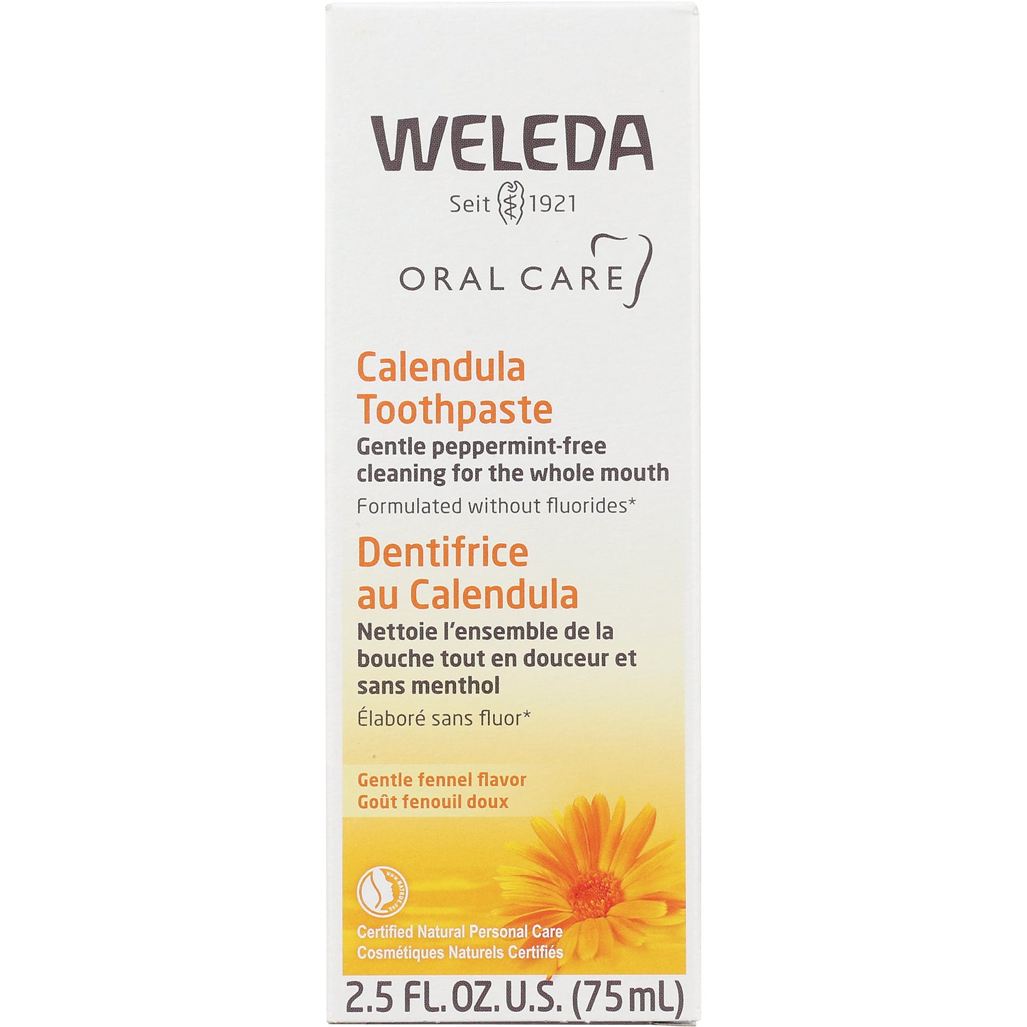 WEL038 | Weleda Calendula Toothpaste box front, peppermint-free oral care, gentle fennel flavor, 2.5 fl oz (75 mL)