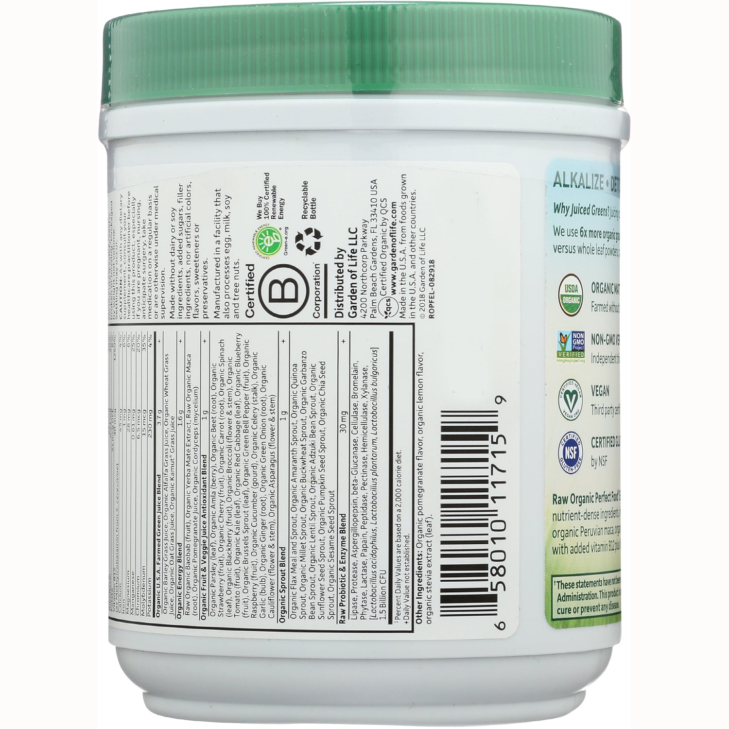 GLF168 | back label product infographic on white supplement tub showing ingredients panel, barcode, certifications, and green lid