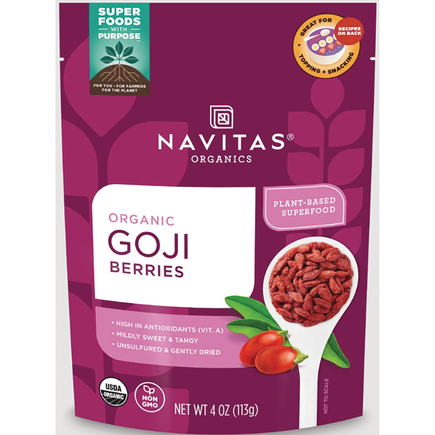 Navitas Organics organic goji berries 4 oz resealable purple pouch with spoonful of dried goji berries