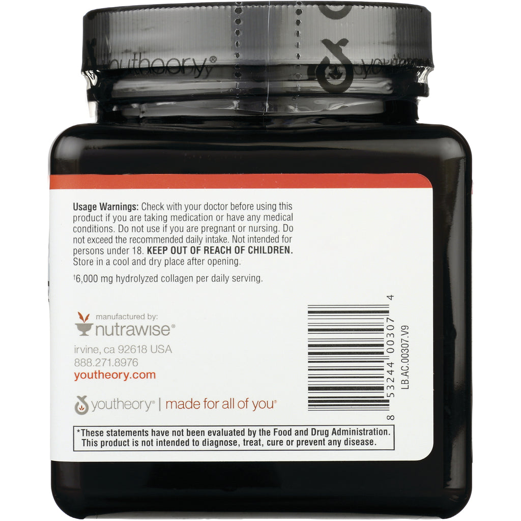YOU009 | Back label with usage warnings, 16,000 mg hydrolyzed collagen per serving, barcode, and youtheory branding - Thumbnail