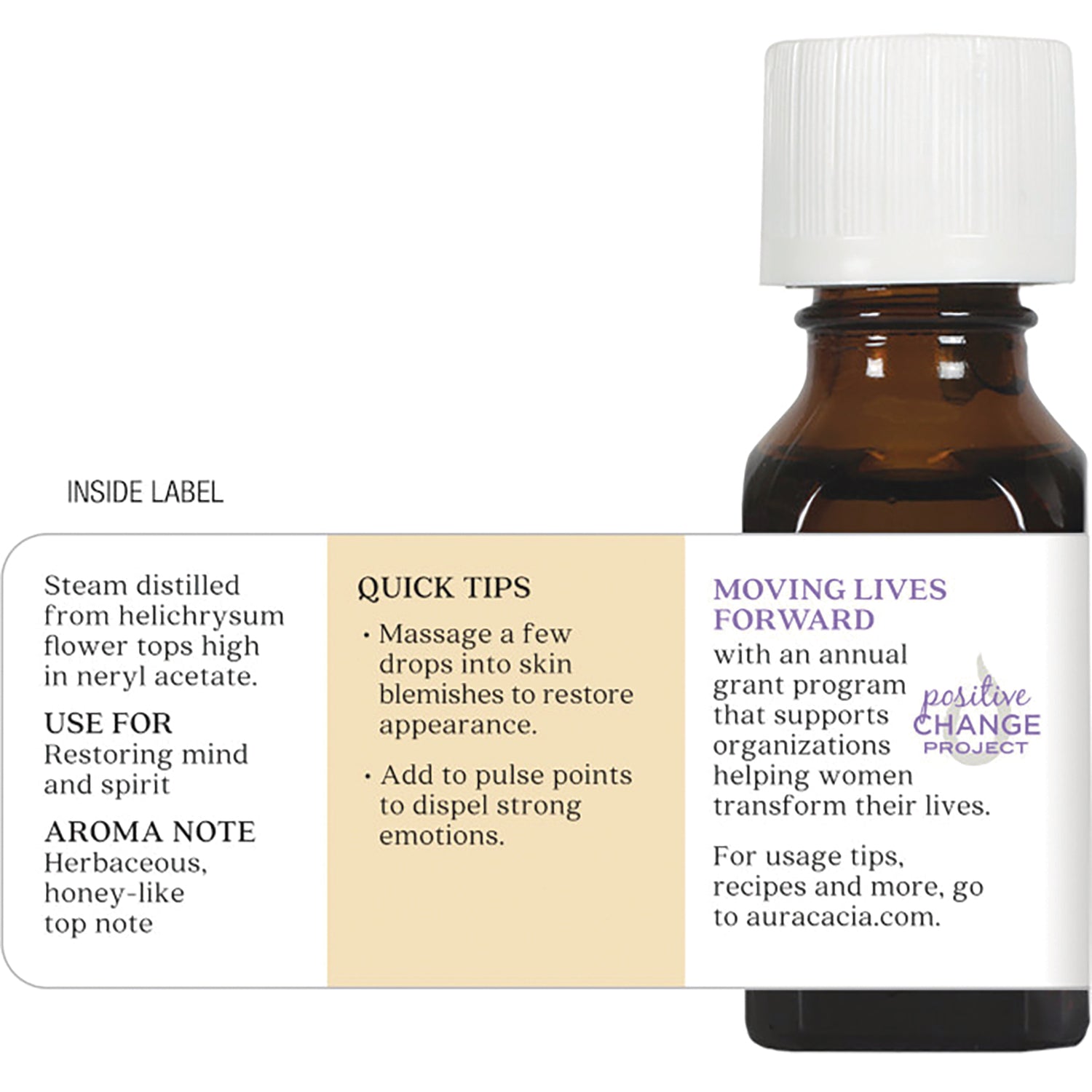ARC178 | amber essential oil bottle showing back label with usage instructions, quick tips, and Positive Change Project blurb