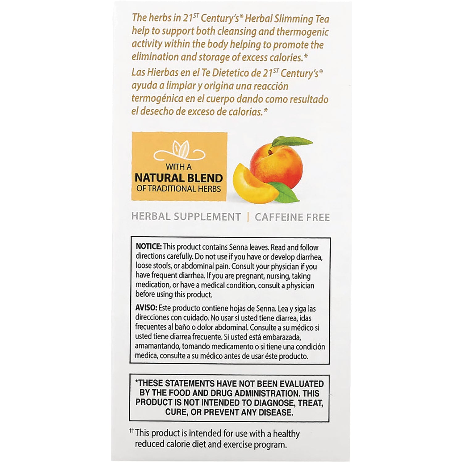 CNT152 | back panel showing herbal supplement notice and labeling with peach graphic, labeled caffeine free