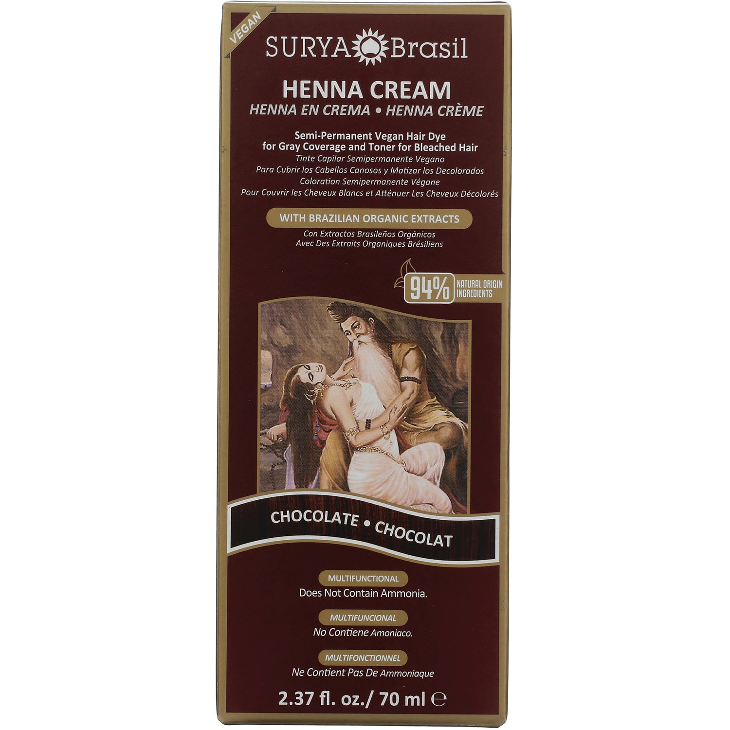 SUR024 | Surya Brasil Henna Cream hair dye, Chocolate shade, vegan, ammonia-free, 2.37 fl oz (70 ml)
