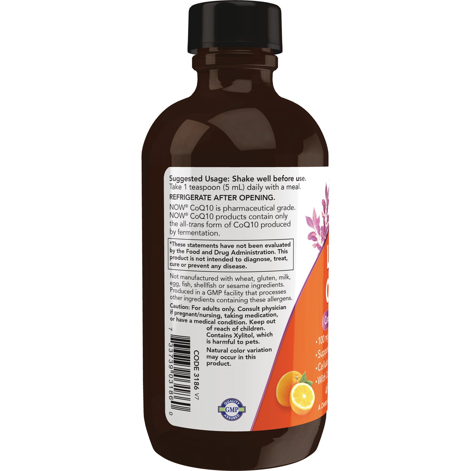 NWF175 | brown supplement bottle back label showing suggested usage, warnings, barcode and partial orange graphic