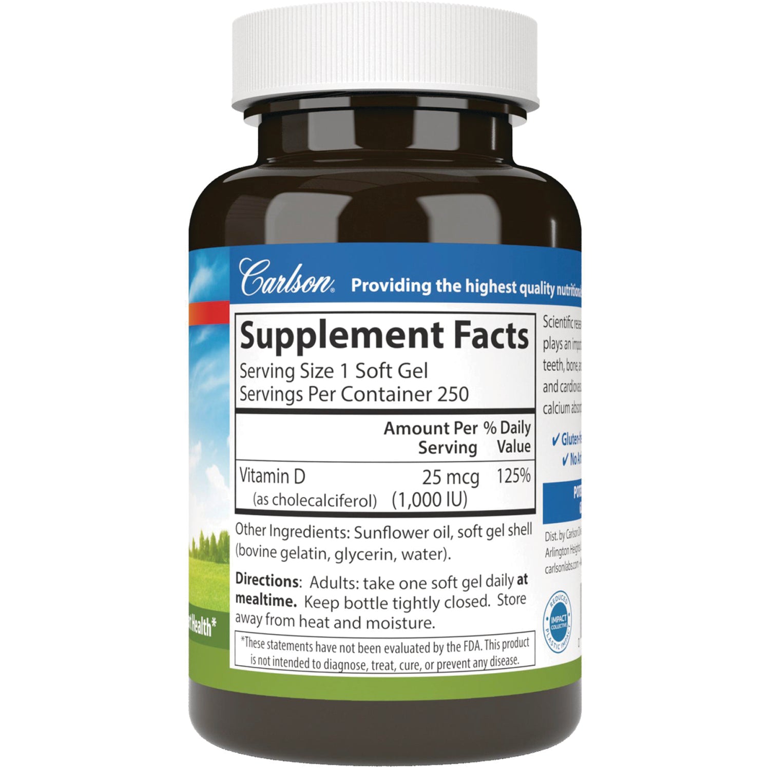 CSN187 | Back label showing Supplement Facts panel for vitamin D 25 mcg (1,000 IU), serving size 1 soft gel