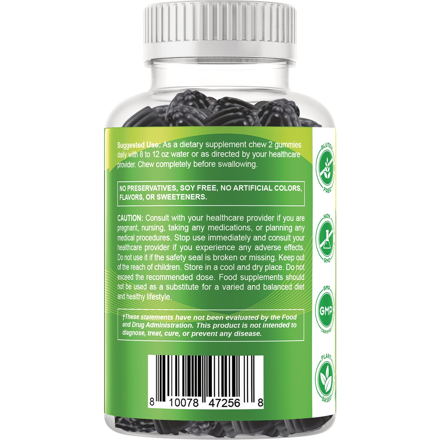 VAM018 | Back label of supplement bottle with green panel, usage, caution, barcode, and icons: Gluten Free, Non-GMO, GMP, Plant Based