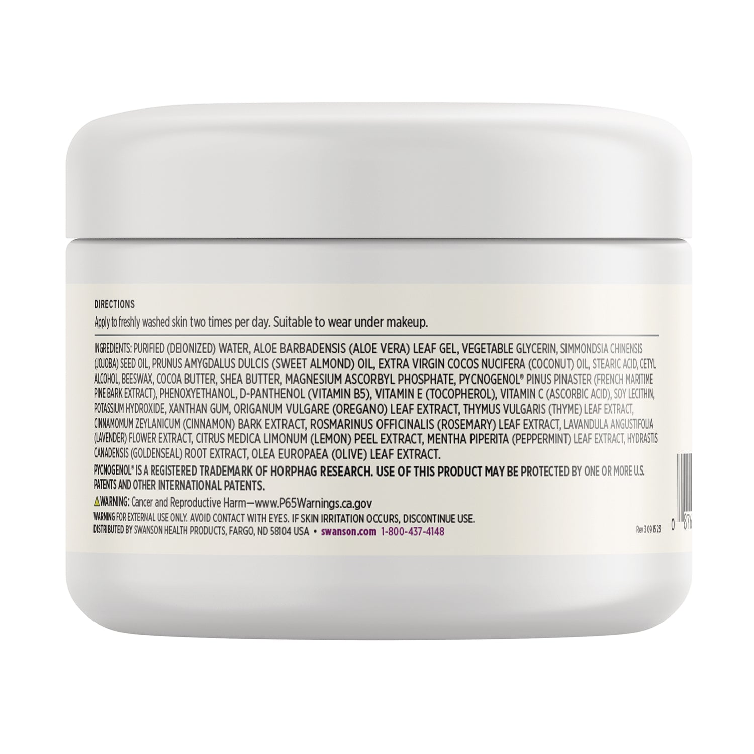 SW1466 | Back label with ingredients, directions, and warnings including www.P65Warnings.ca.gov