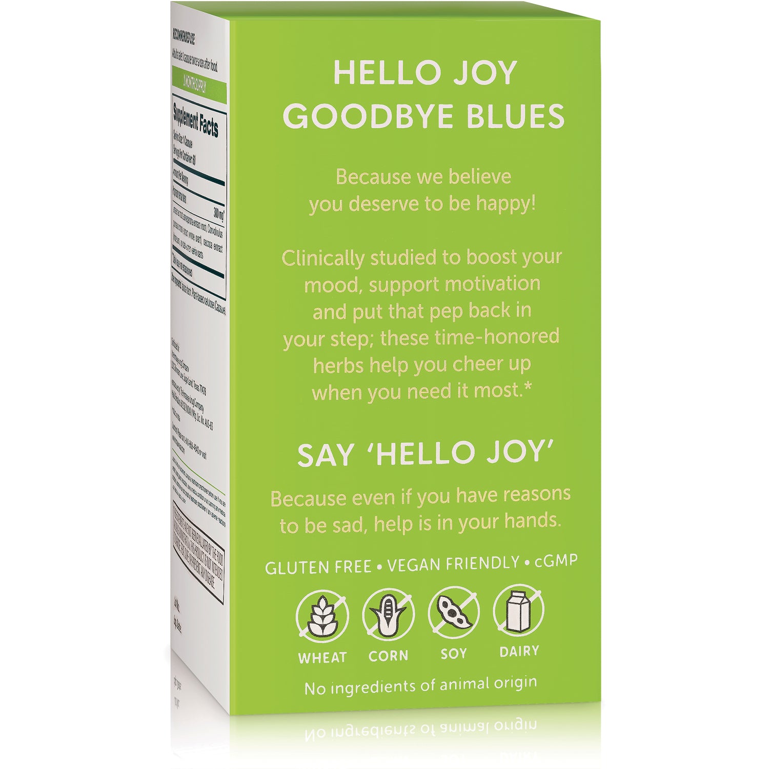 HHH061 | Back of green supplement box labeled HELLO JOY GOODBYE BLUES with product description and allergen icons