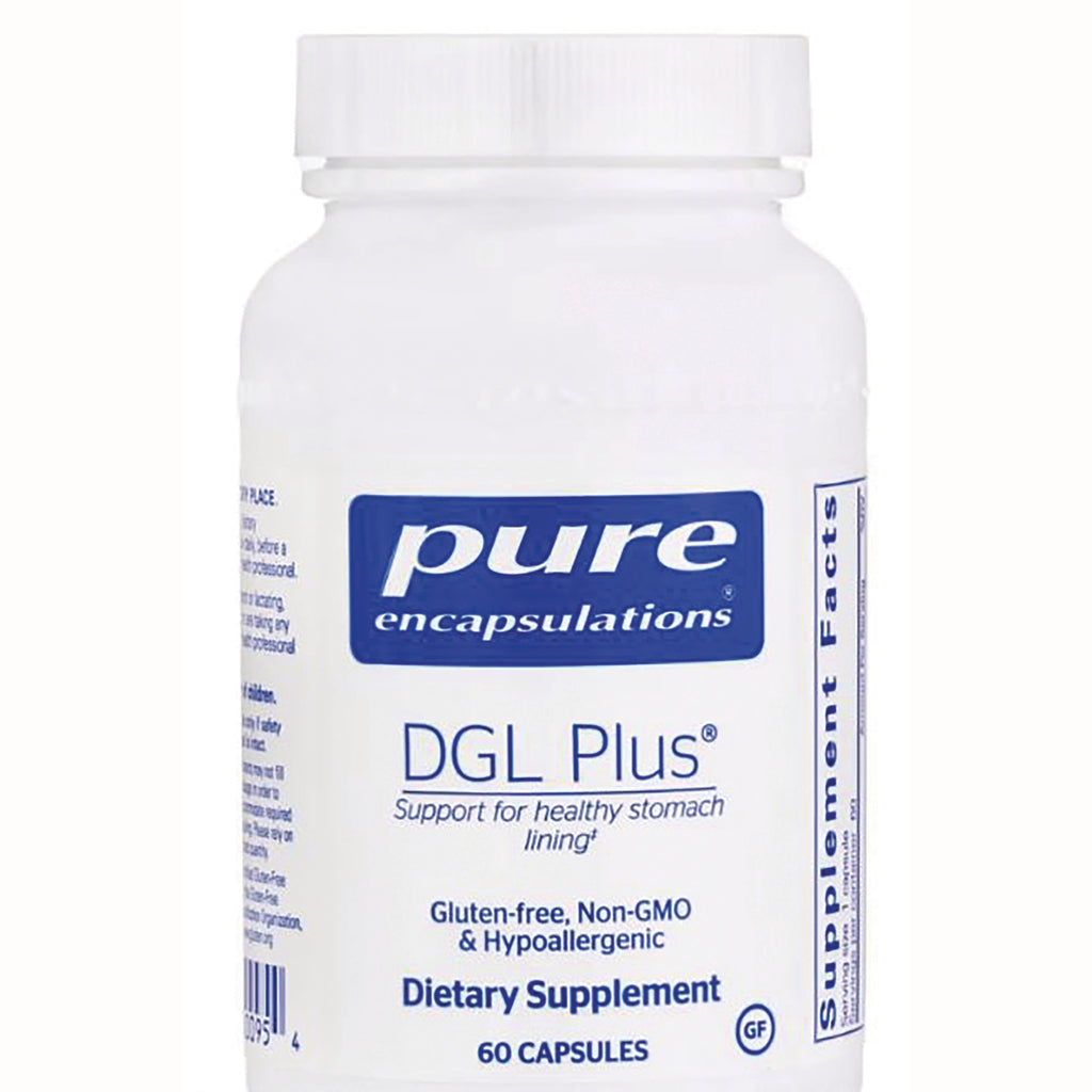 PRN074 | Pure Encapsulations DGL Plus dietary supplement bottle, 60 capsules, gluten-free non-GMO hypoallergenic - Thumbnail
