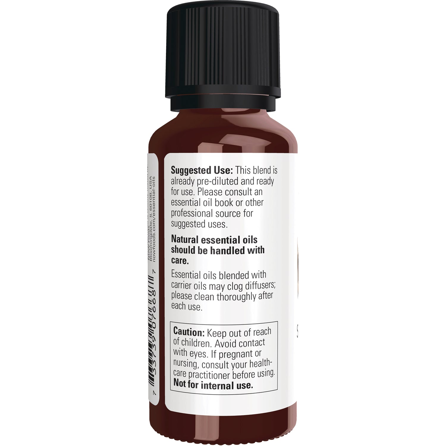 NWF1137 | Back label of amber essential oil bottle showing suggested use, cautions, and barcode