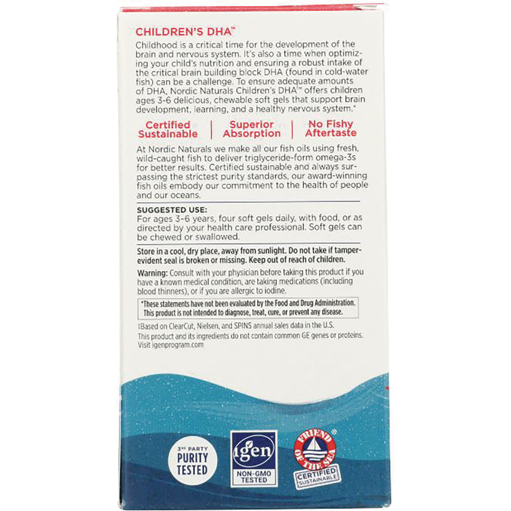 NRN002 | Back of Children's DHA box showing suggested use, warnings, and purity and non-GMO certification logos - Thumbnail