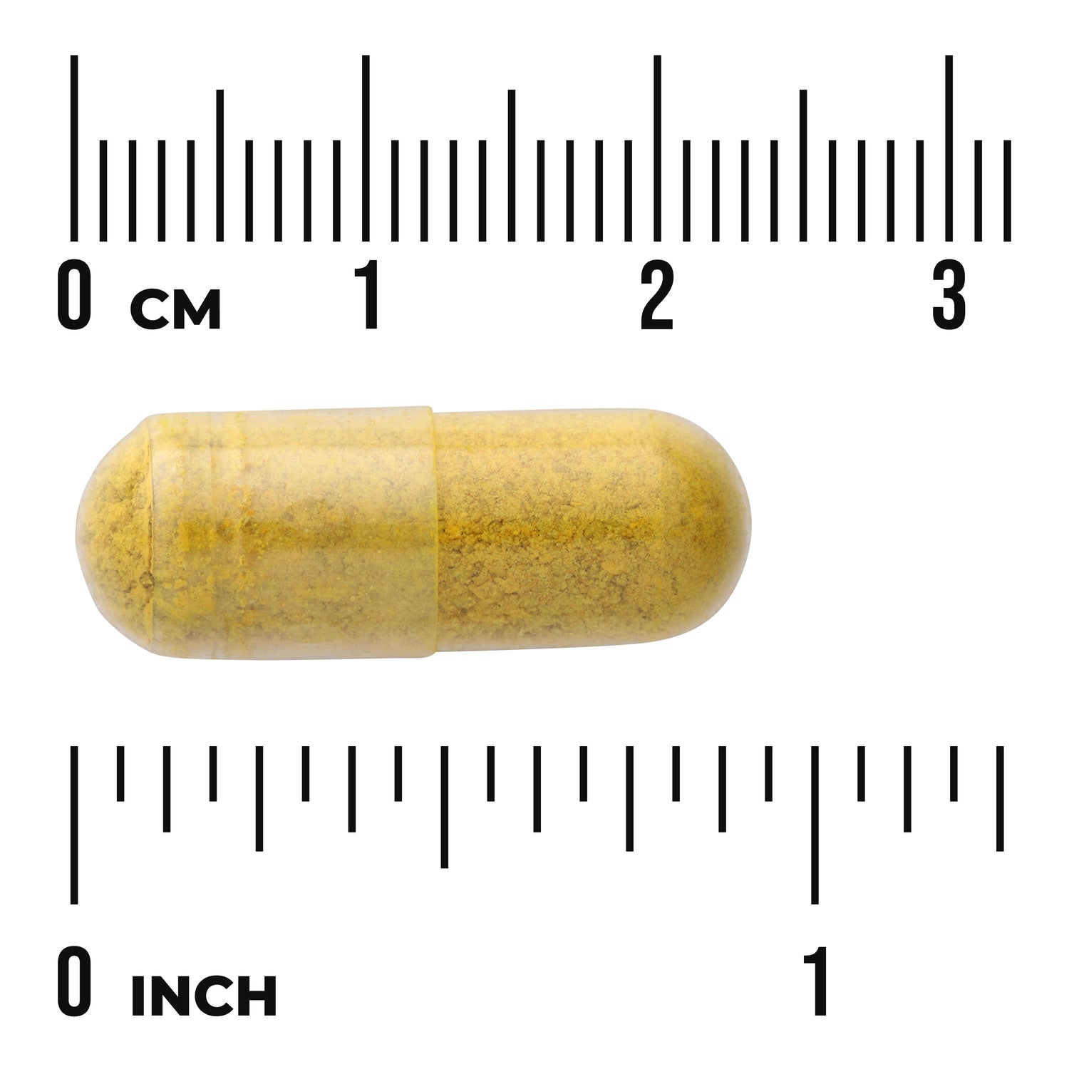 SW1411 | Yellow capsule with size scale showing 0–3 cm and 0–1 inch
