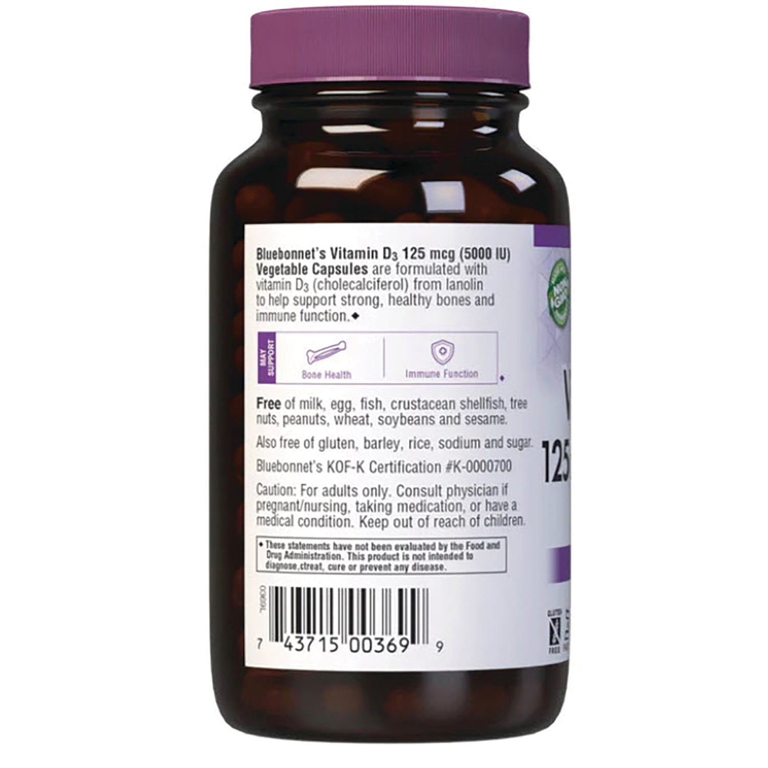 BLU128 | Back of brown supplement bottle showing label with ingredient and caution text and barcode