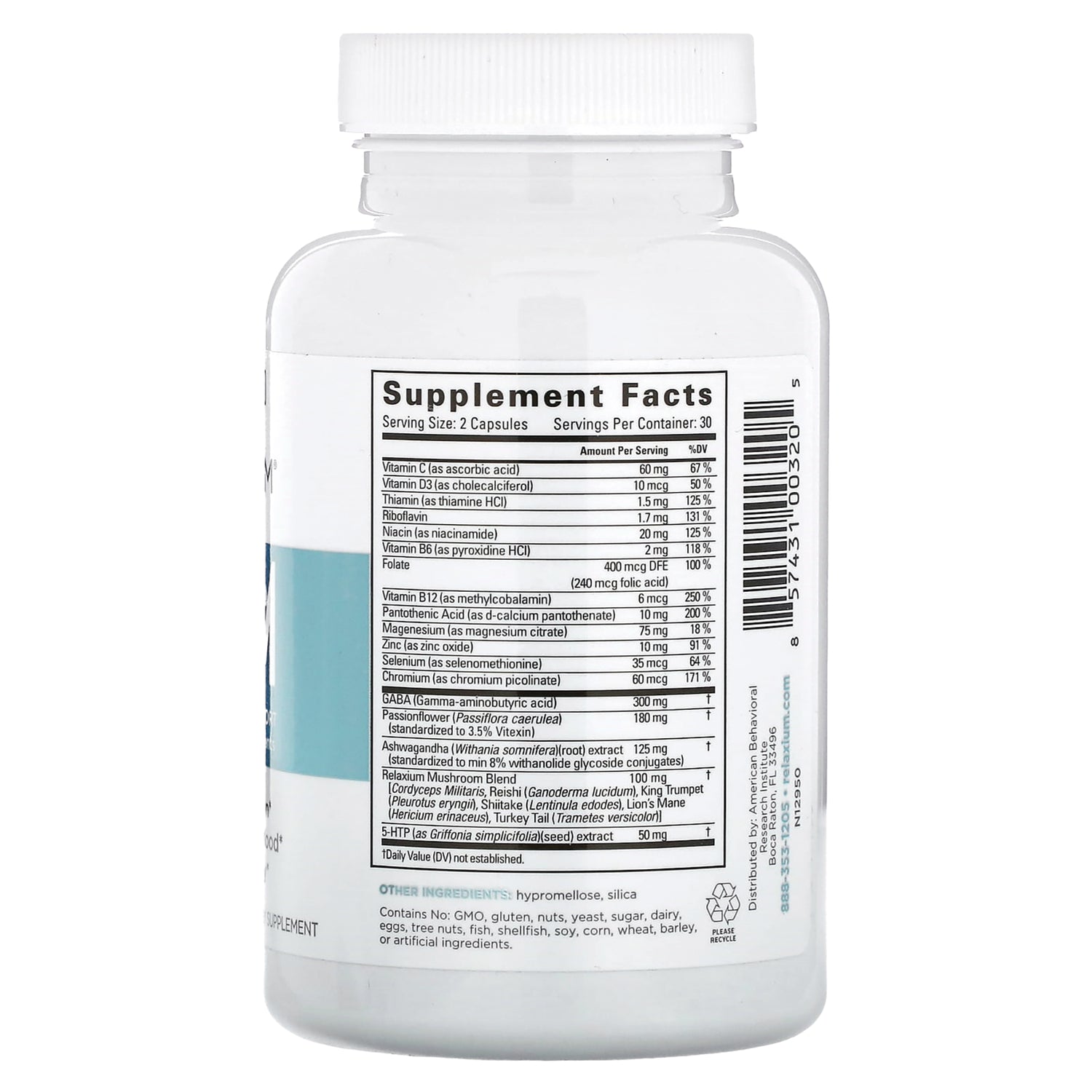 REL004 | back of white supplement bottle showing Supplement Facts panel and ingredient list