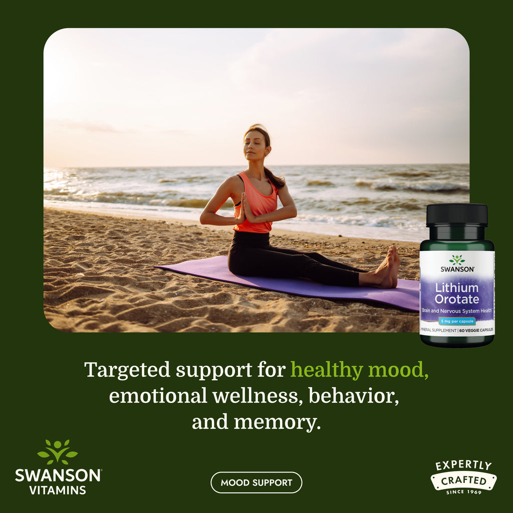 SWU913 | Woman meditates on a beach beside a Swanson Lithium Orotate bottle with mood support messaging - Thumbnail
