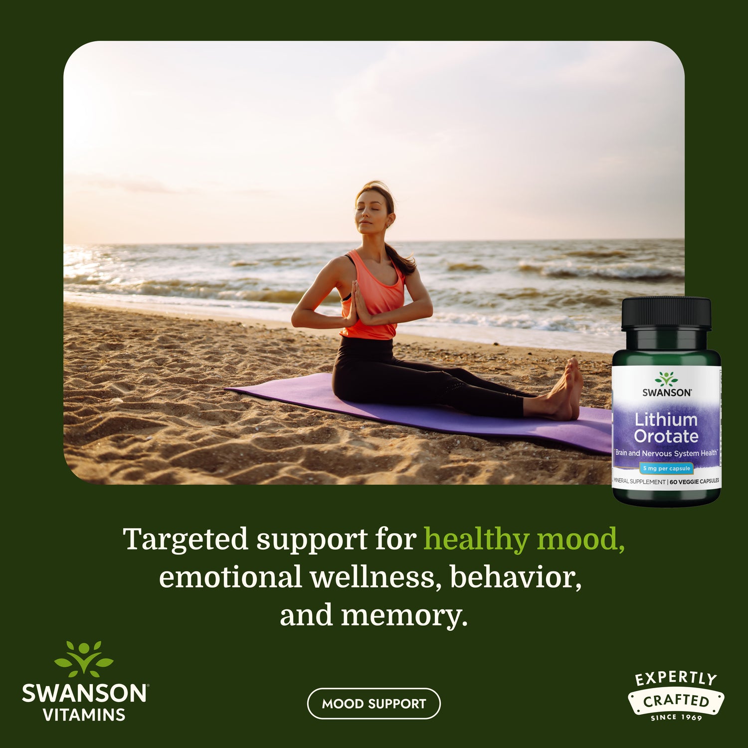 SWU913 | Woman meditates on a beach beside a Swanson Lithium Orotate bottle with mood support messaging