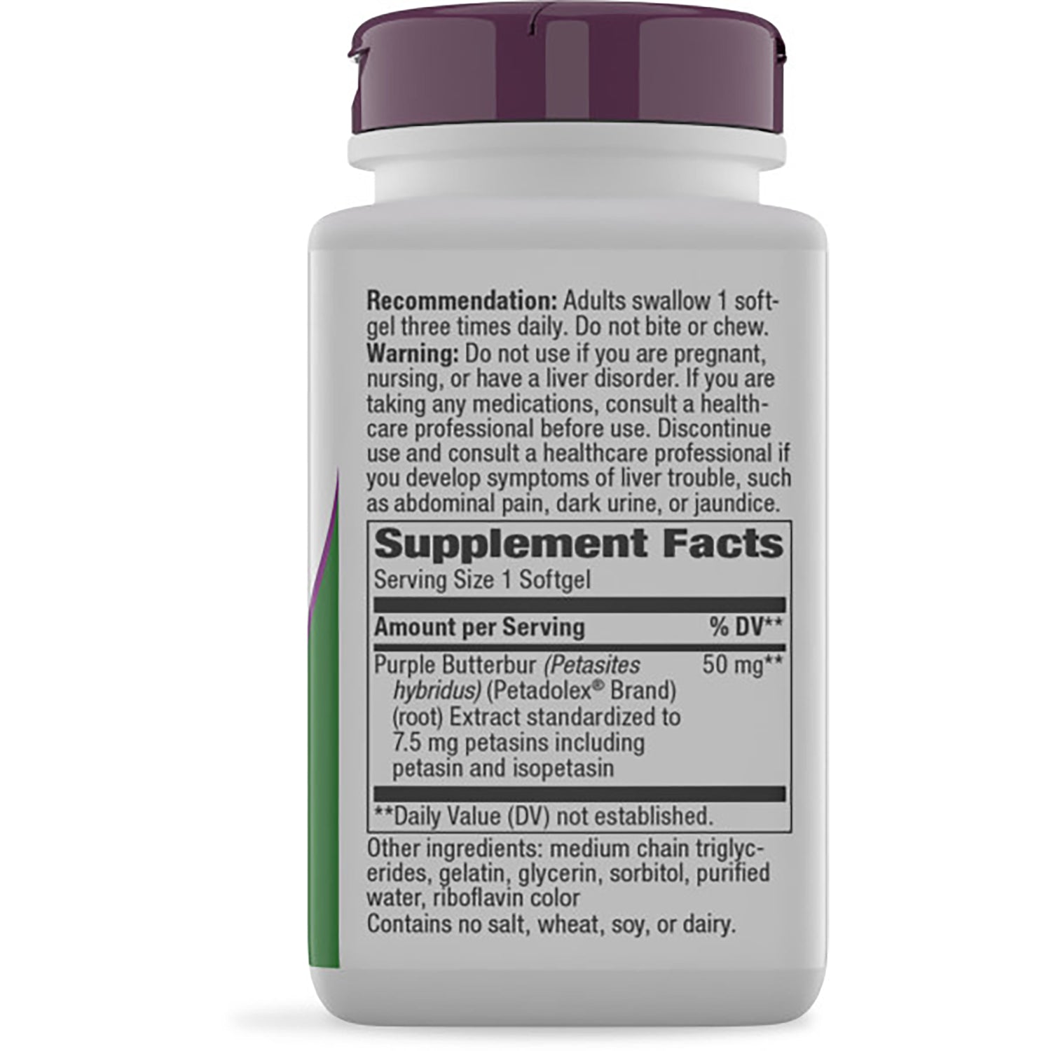 Back of brown supplement bottle showing Supplement Facts panel, serving size, ingredients, and warnings