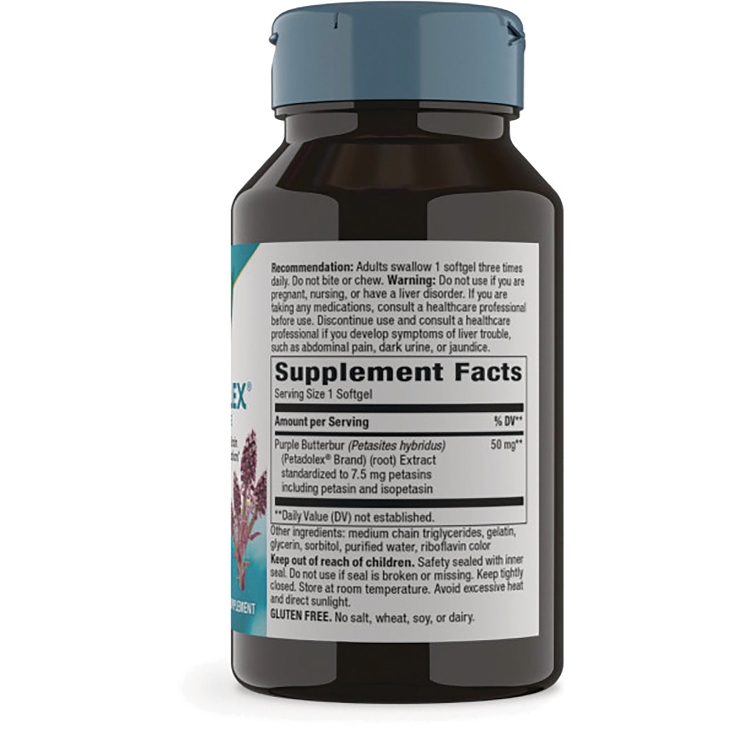 Back of brown supplement bottle showing Supplement Facts panel, serving size, ingredients, and warnings