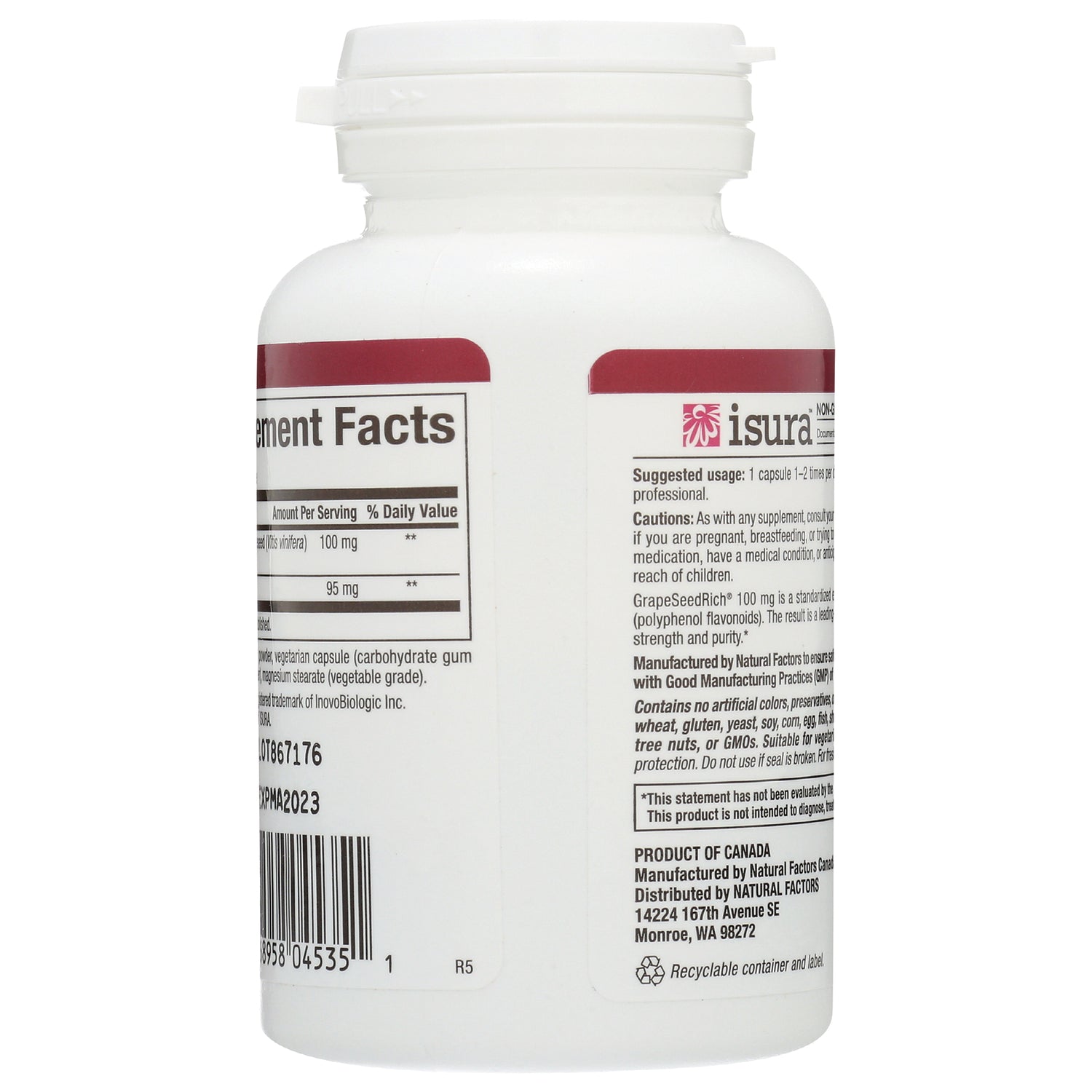NFC124 | Back of white supplement bottle showing Supplement Facts panel, product information text and barcode