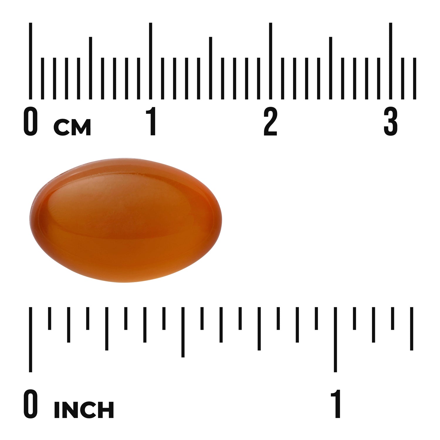SW1529 | Oval amber softgel shown with size ruler in cm and inches