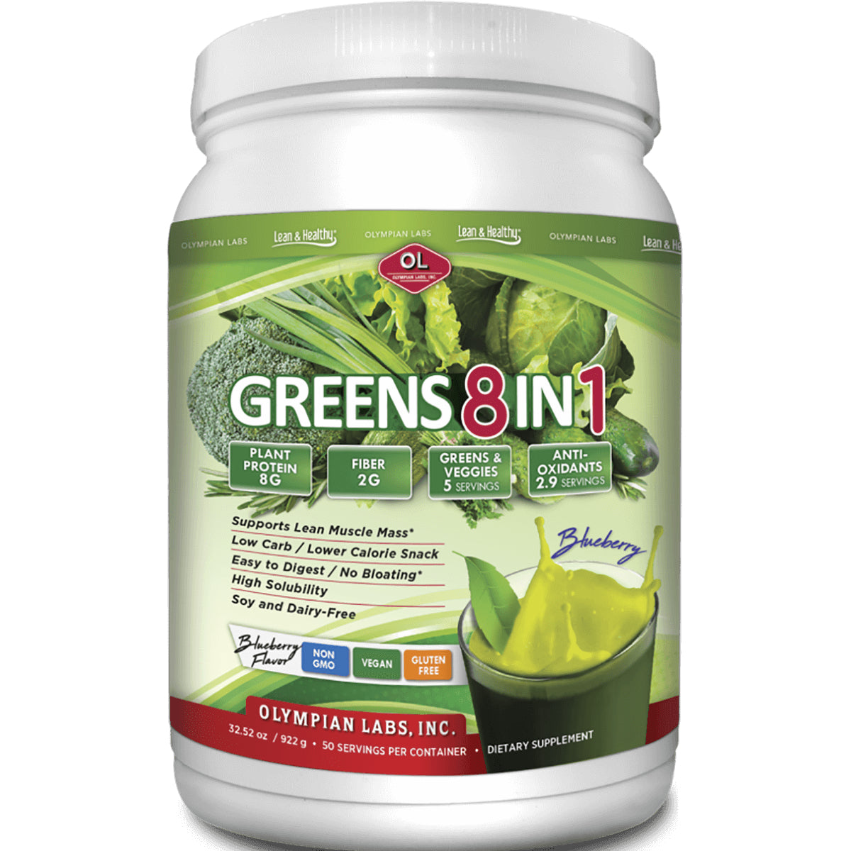 OL004 | White tub of Olympian Labs GREENS 8 IN1 blueberry powder, front label with vegetables and green shake
