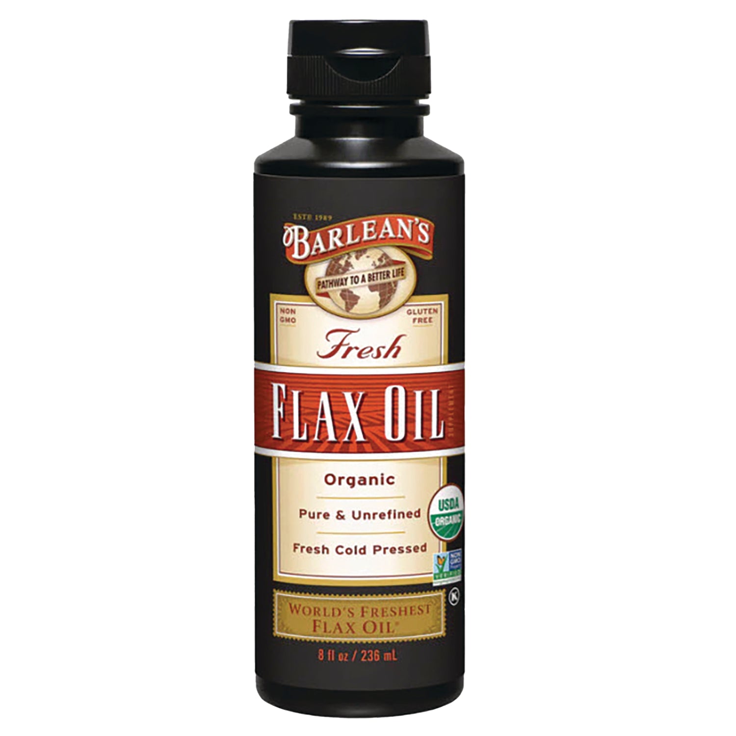 BAR085 | Barlean's Fresh Flax Oil bottle 8 fl oz, organic pure & unrefined, fresh cold pressed