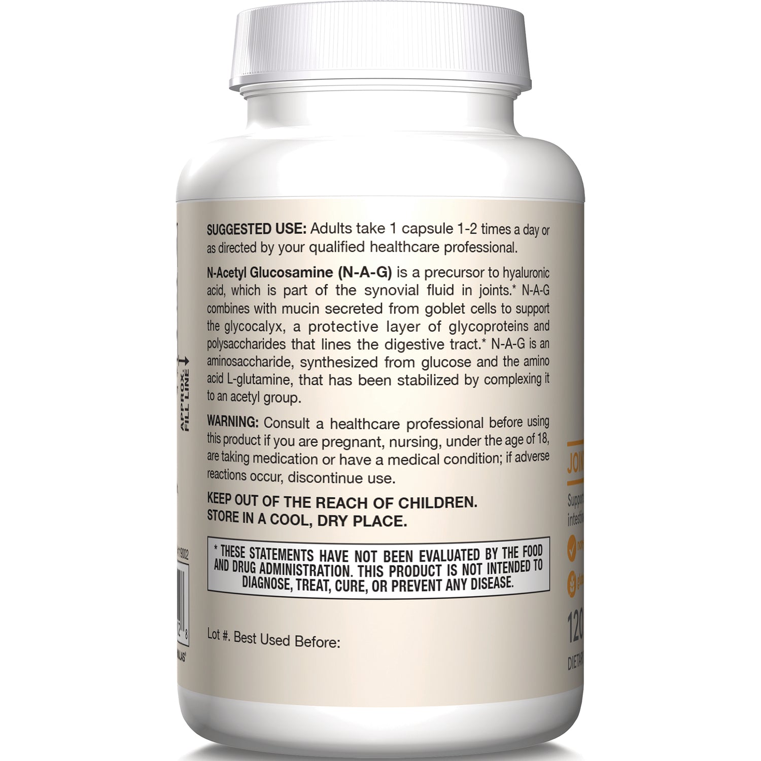 JR092 | Back label of white supplement bottle showing suggested use, warning, storage instructions and FDA disclaimer
