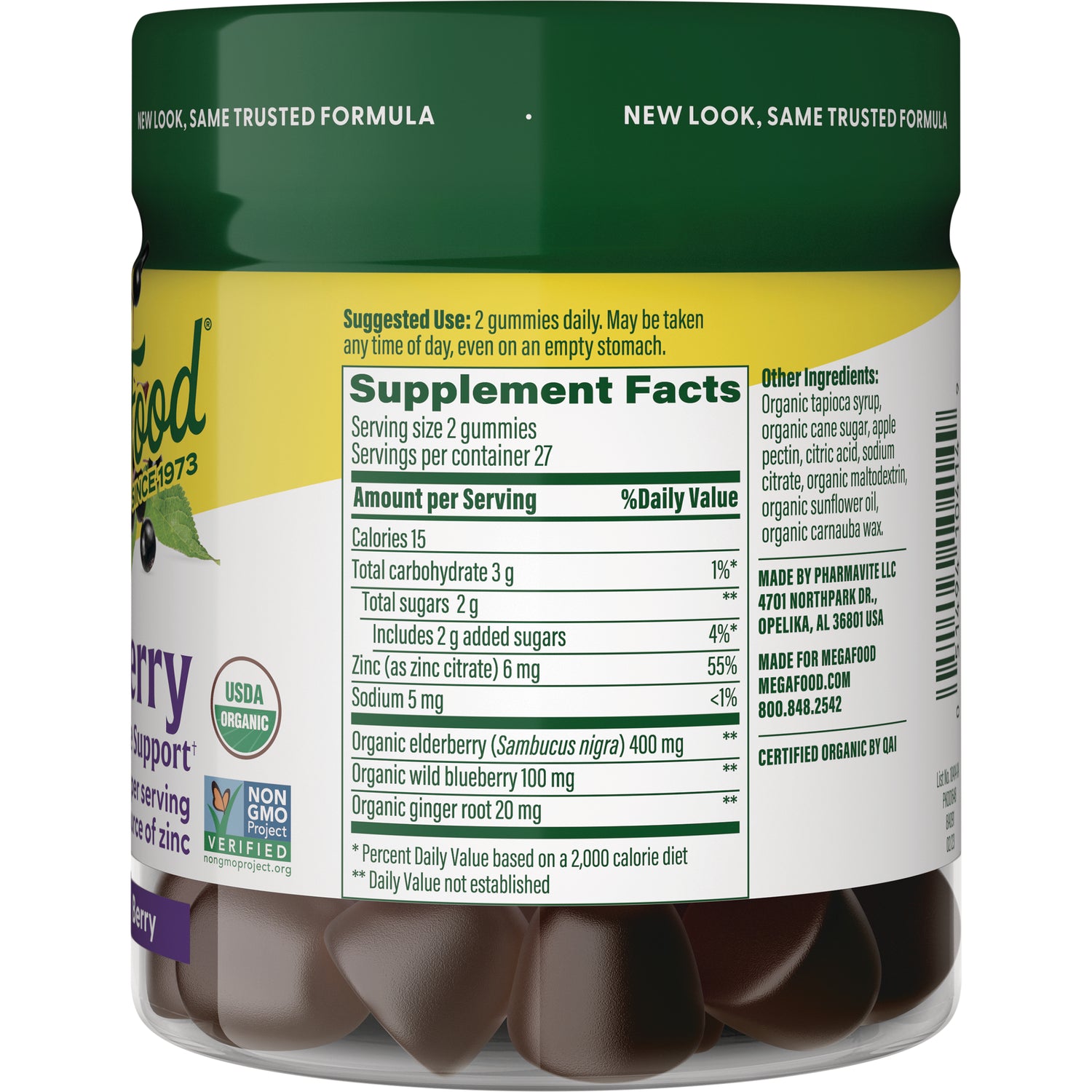 MGF106 | Back label showing Supplement Facts panel, ingredients, serving size, and gummies visible through jar