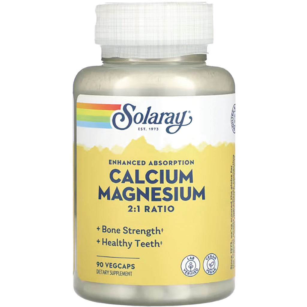 SLR333 | Solaray Calcium Magnesium 2:1 ratio supplement bottle with yellow label, 90 vegcaps - Thumbnail
