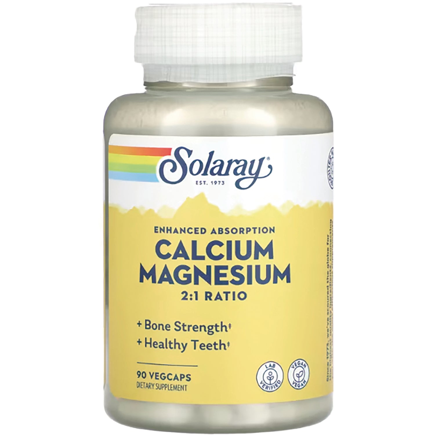 SLR333 | Solaray Calcium Magnesium 2:1 ratio supplement bottle with yellow label, 90 vegcaps