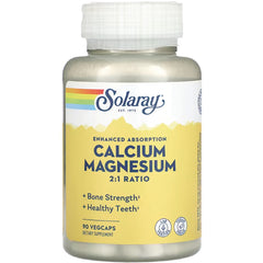 SLR333 | Solaray Calcium Magnesium 2:1 ratio supplement bottle with yellow label, 90 vegcaps