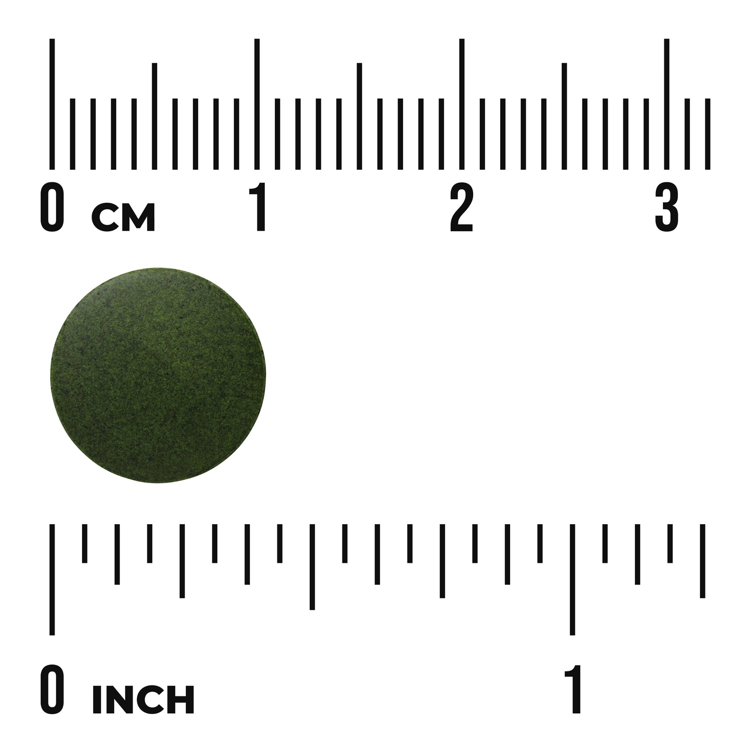 SWR006 | Green round tablet next to cm and inch rulers for size reference