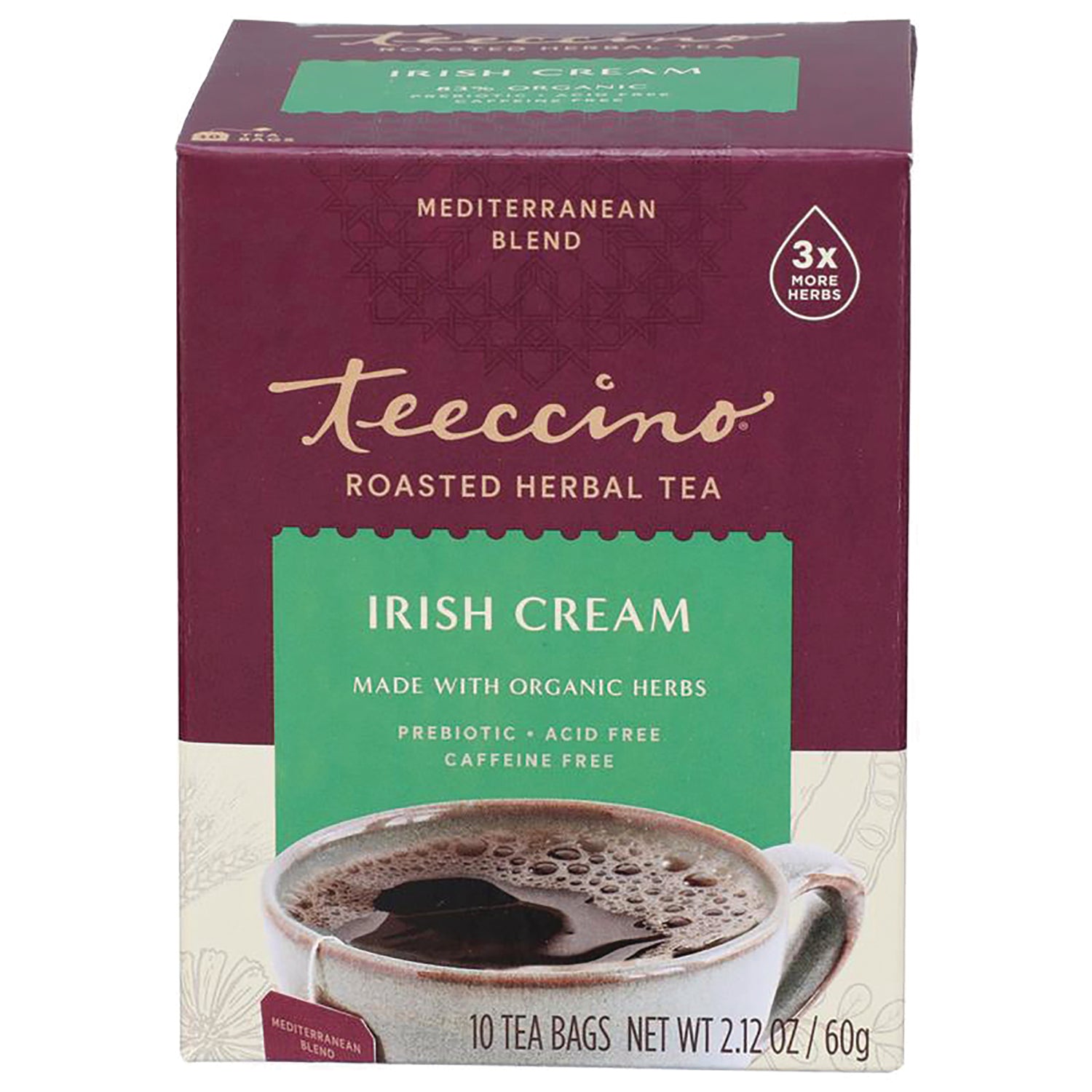 TCN032 | Teeccino Roasted Herbal Tea Irish Cream box, Mediterranean Blend, made with organic herbs, 10 tea bags