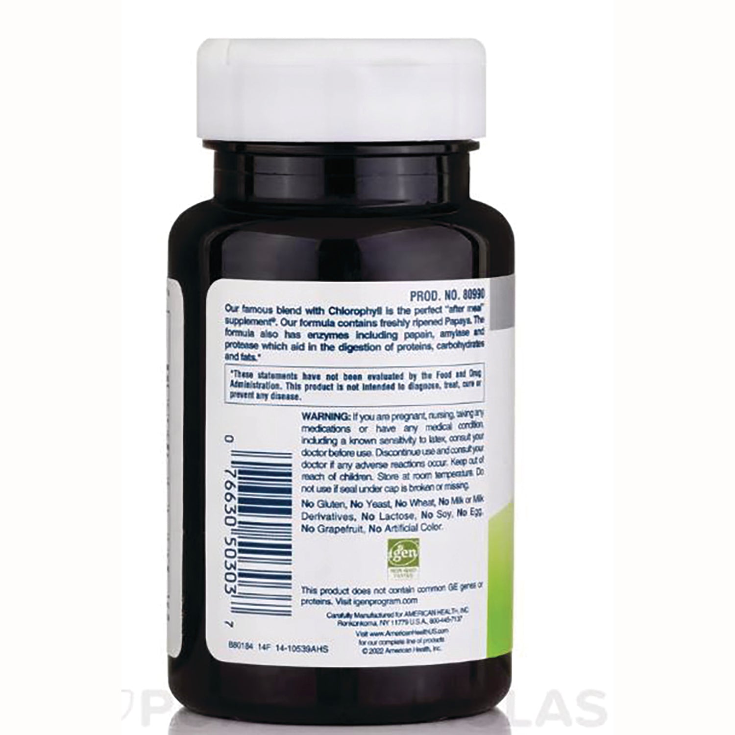 AM148 | Supplement bottle back label with warnings, barcode, and No Gluten, No Yeast, No Wheat list