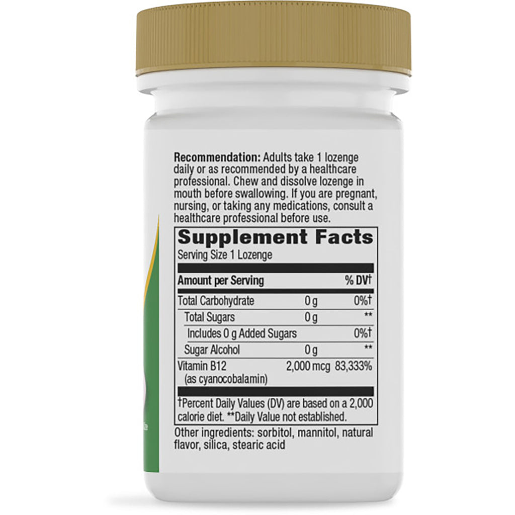 NW321 | back of brown supplement bottle showing Supplement Facts panel and directions, Vitamin B12 2,000 mcg - Thumbnail