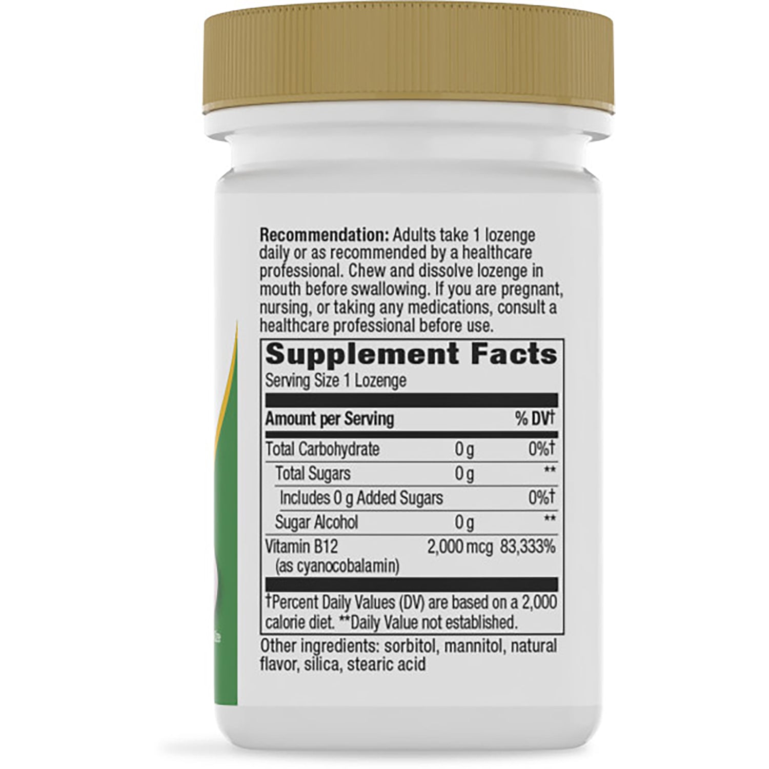 NW321 | back of brown supplement bottle showing Supplement Facts panel and directions, Vitamin B12 2,000 mcg