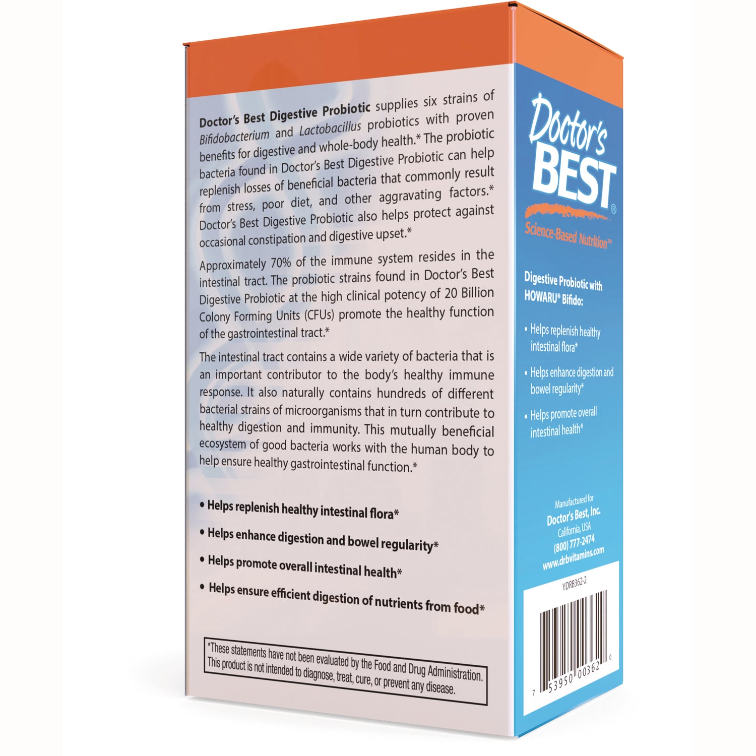 DB297 | back of Doctor's Best Digestive Probiotic box showing product description, benefits bullets and barcode