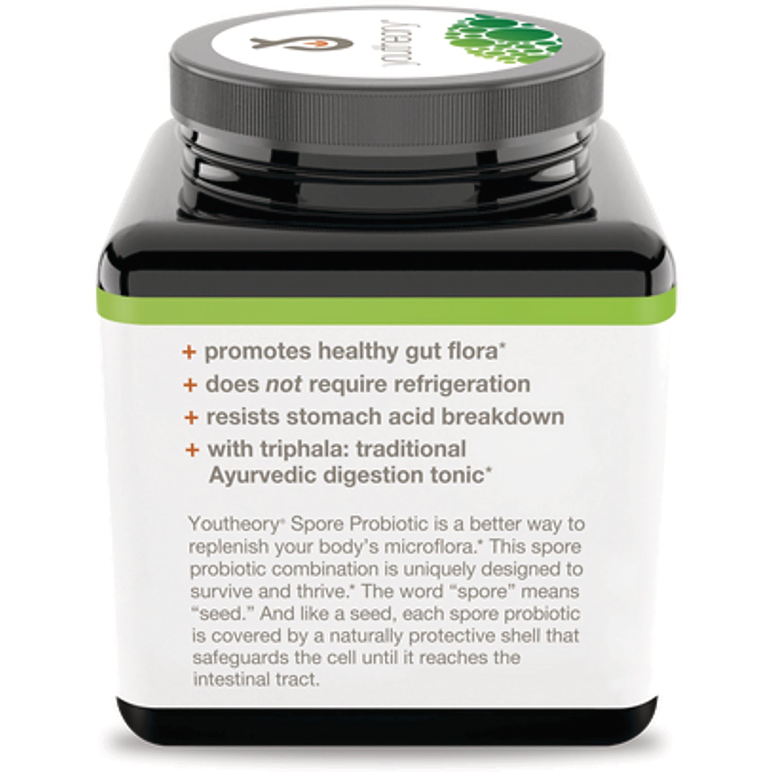YOU018 | Youtheory Spore Probiotic benefits: promotes healthy gut flora, no refrigeration, resists stomach acid, with triphala