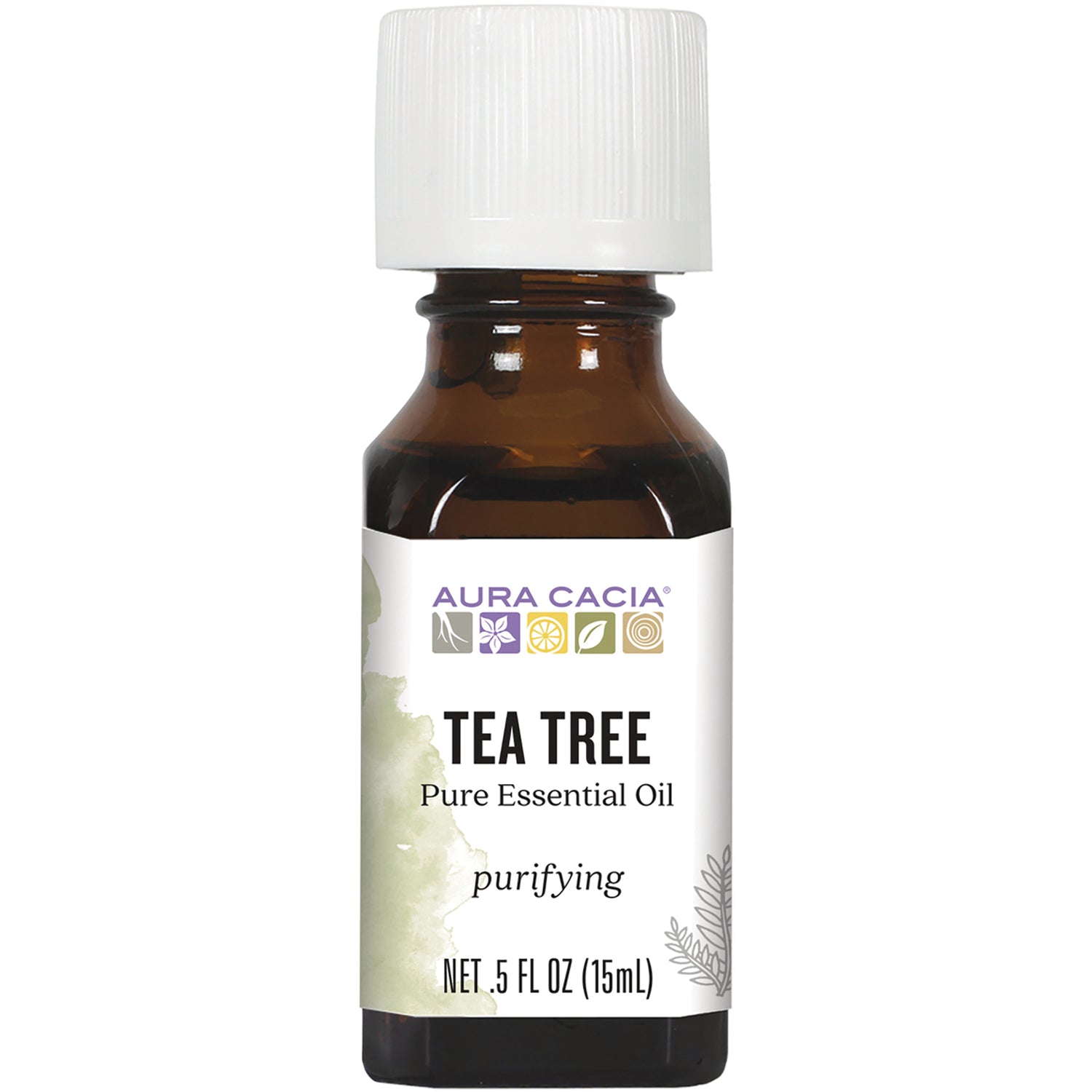 ARC006 | Aura Cacia Tea Tree pure essential oil in amber bottle with white cap, 0.5 fl oz purifying label