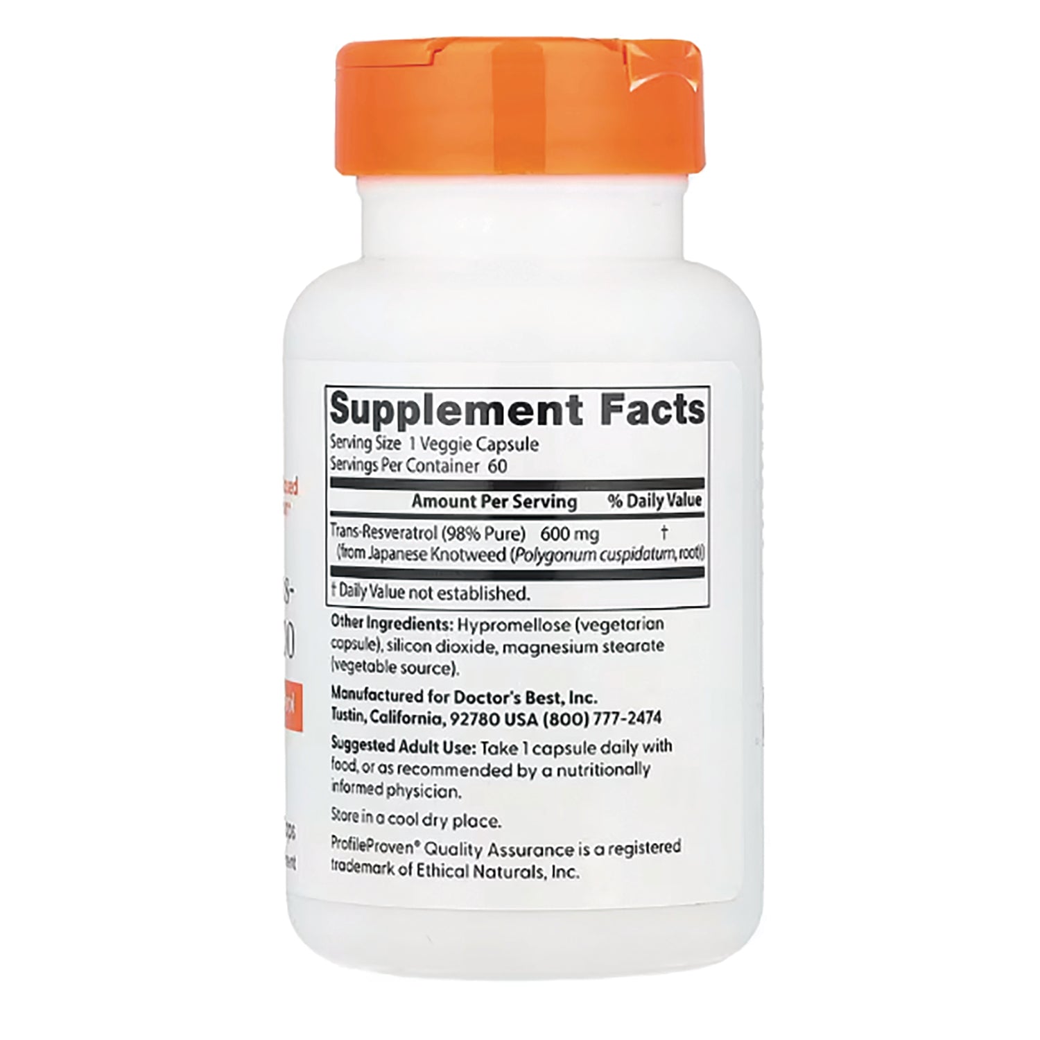 DB291 | back label showing Supplement Facts panel and ingredients listing trans-resveratrol 600 mg