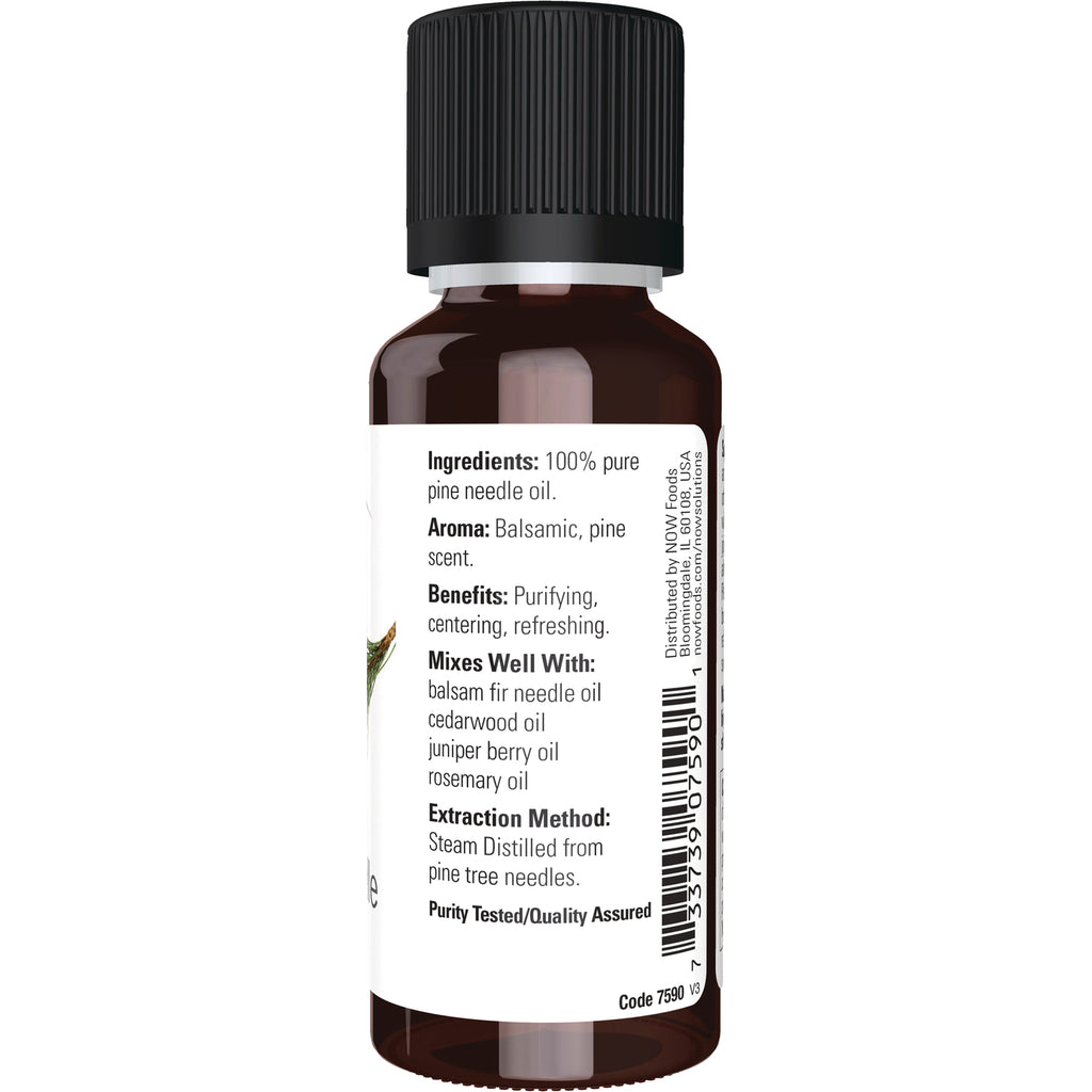 NWF504 | Back label of amber essential oil bottle showing Ingredients: 100% pure pine needle oil, aroma, benefits and barcode - Thumbnail