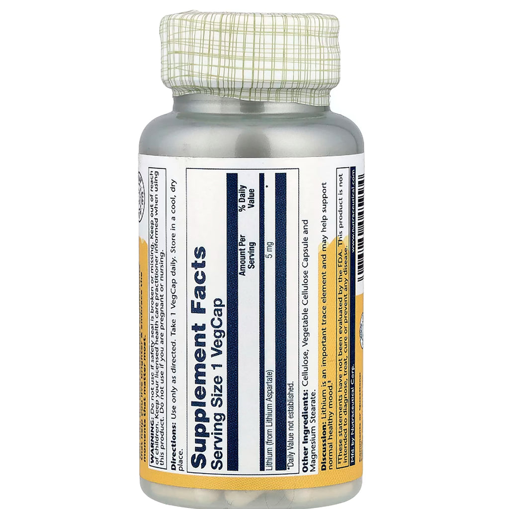SLR200 | Solaray Lithium Aspartate 5 mg mood support supplement facts - Thumbnail