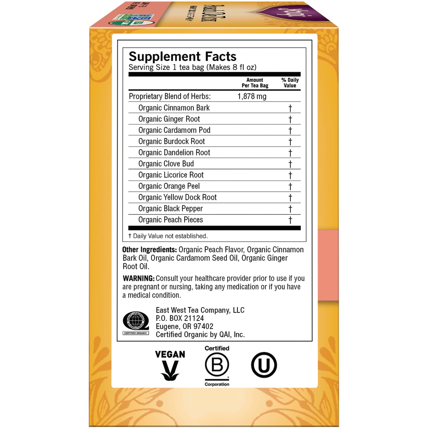 AHW012 | Back panel with Supplement Facts, other ingredients, warning, and Vegan, Certified B Corp, and OU symbols