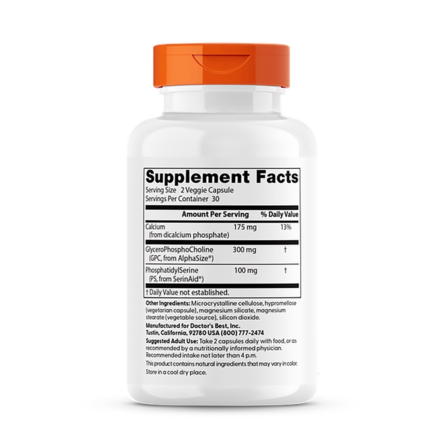 DB163 | Back label showing Supplement Facts panel, ingredients, suggested use, and manufacturer contact on white supplement bottle