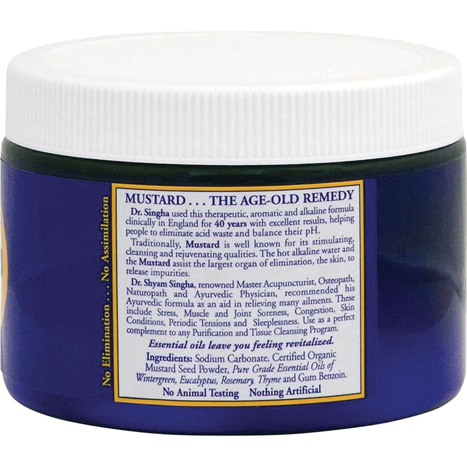 SNG003 | Back label with Mustard The Age-Old Remedy text, usage details, ingredients, and No Animal Testing claim