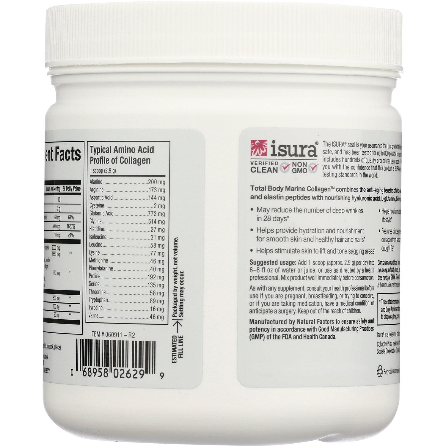 NFC202 | Back of white supplement jar showing nutrition facts and amino acid profile, barcode and usage text with Isura logo