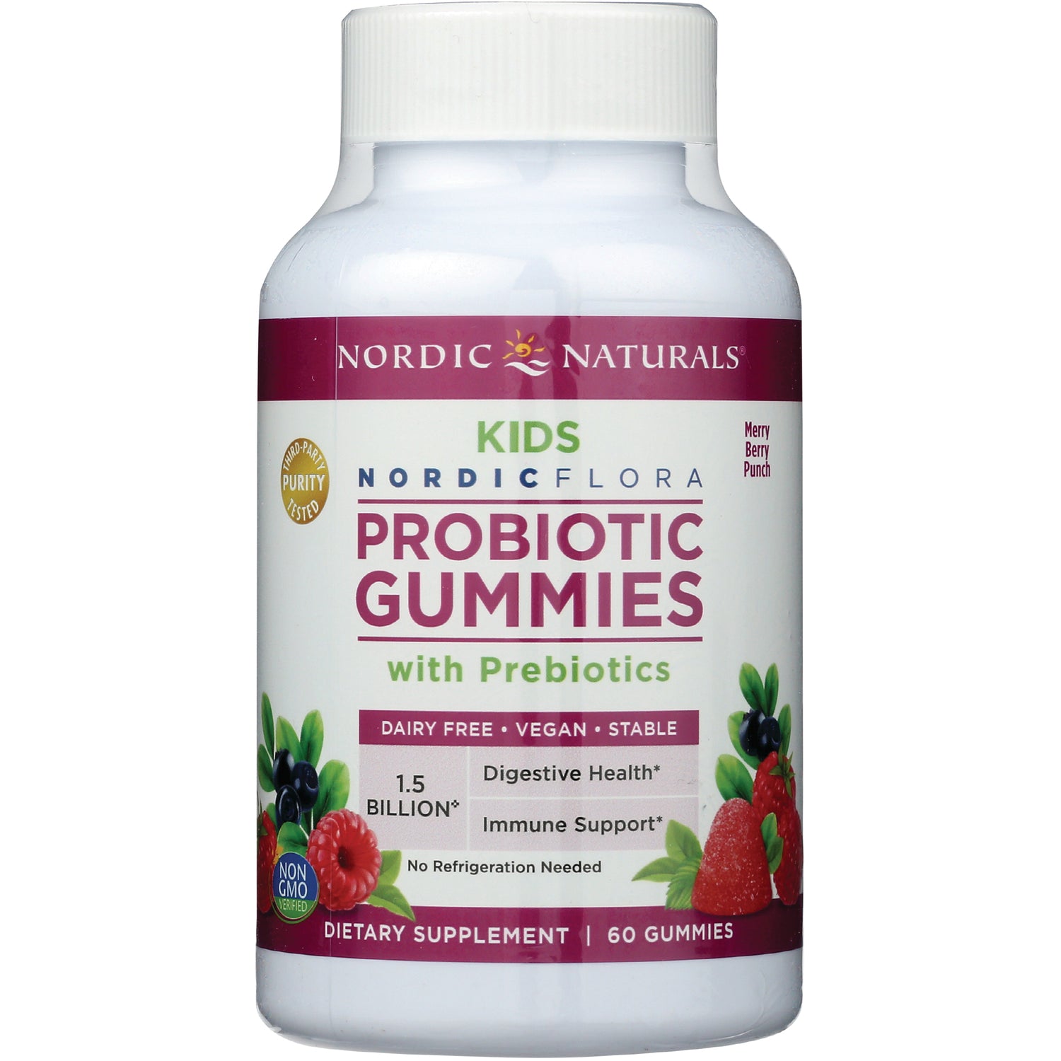 NRN121 | White bottle of Nordic Naturals Kids Probiotic Gummies with Prebiotics, Merry Berry Punch, 60 gummies
