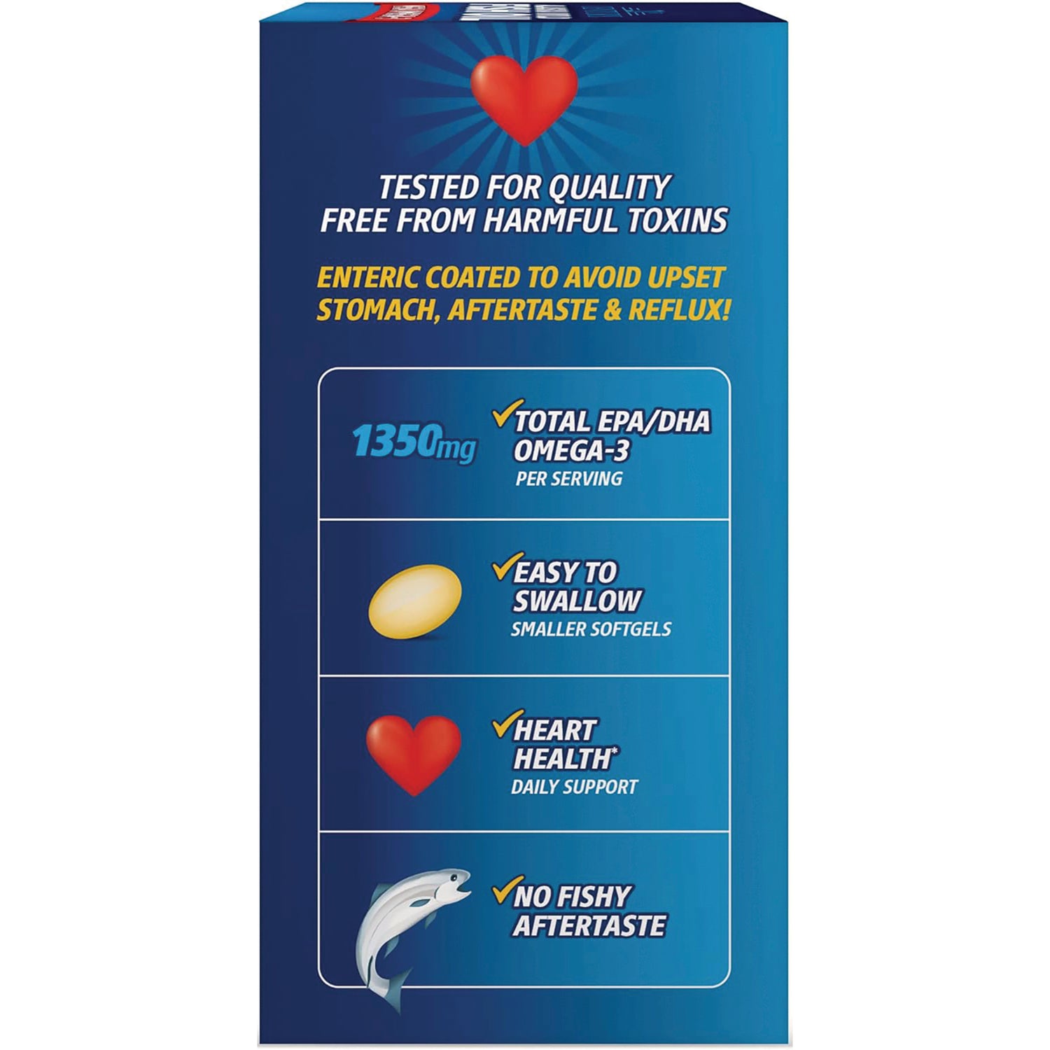 CNT008 | back panel listing 1350mg total EPA/DHA omega-3 per serving, easy to swallow softgels, heart health support, no fishy aftertaste
