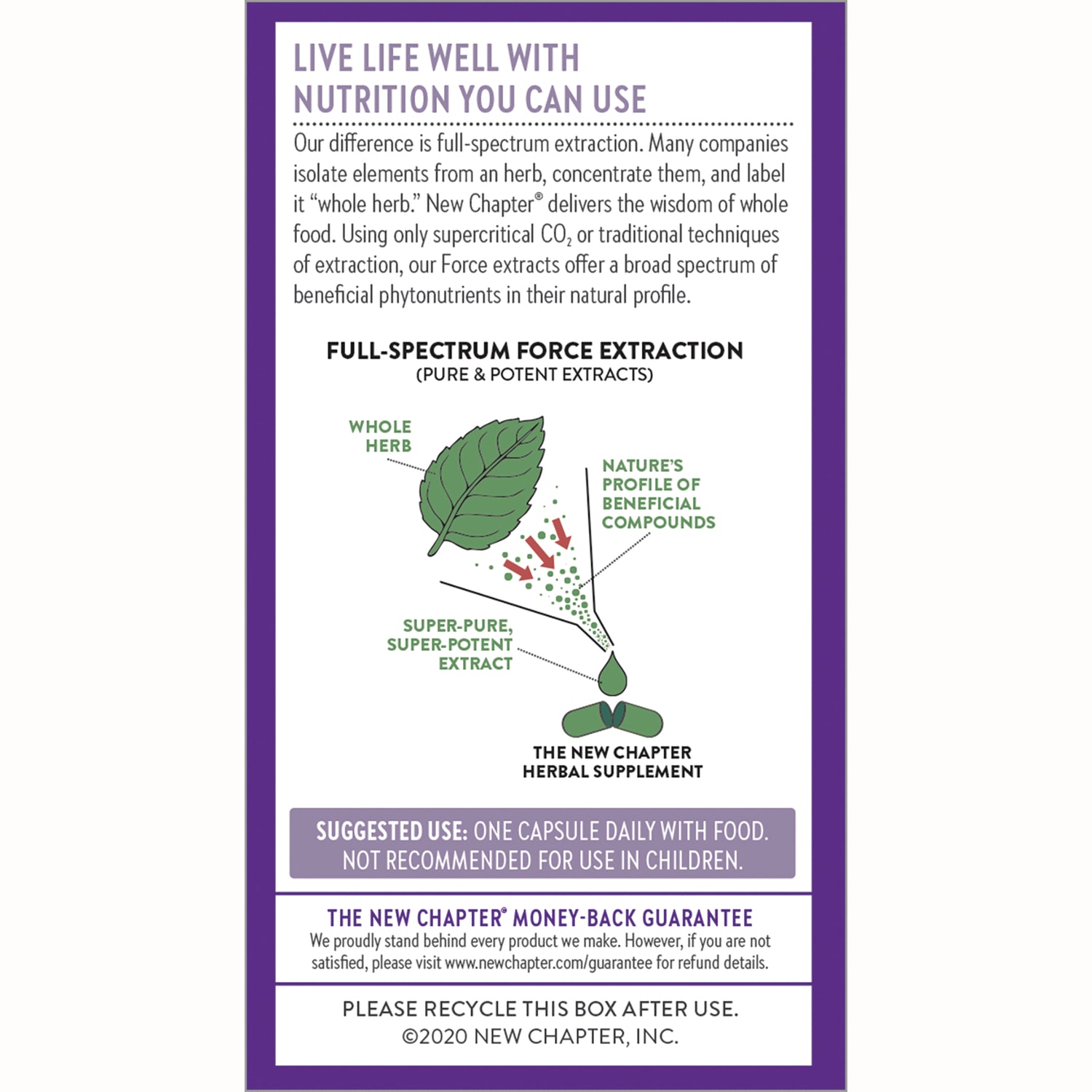 NWC286 | back of herbal supplement box showing full-spectrum extraction infographic, suggested use instructions and recycling info