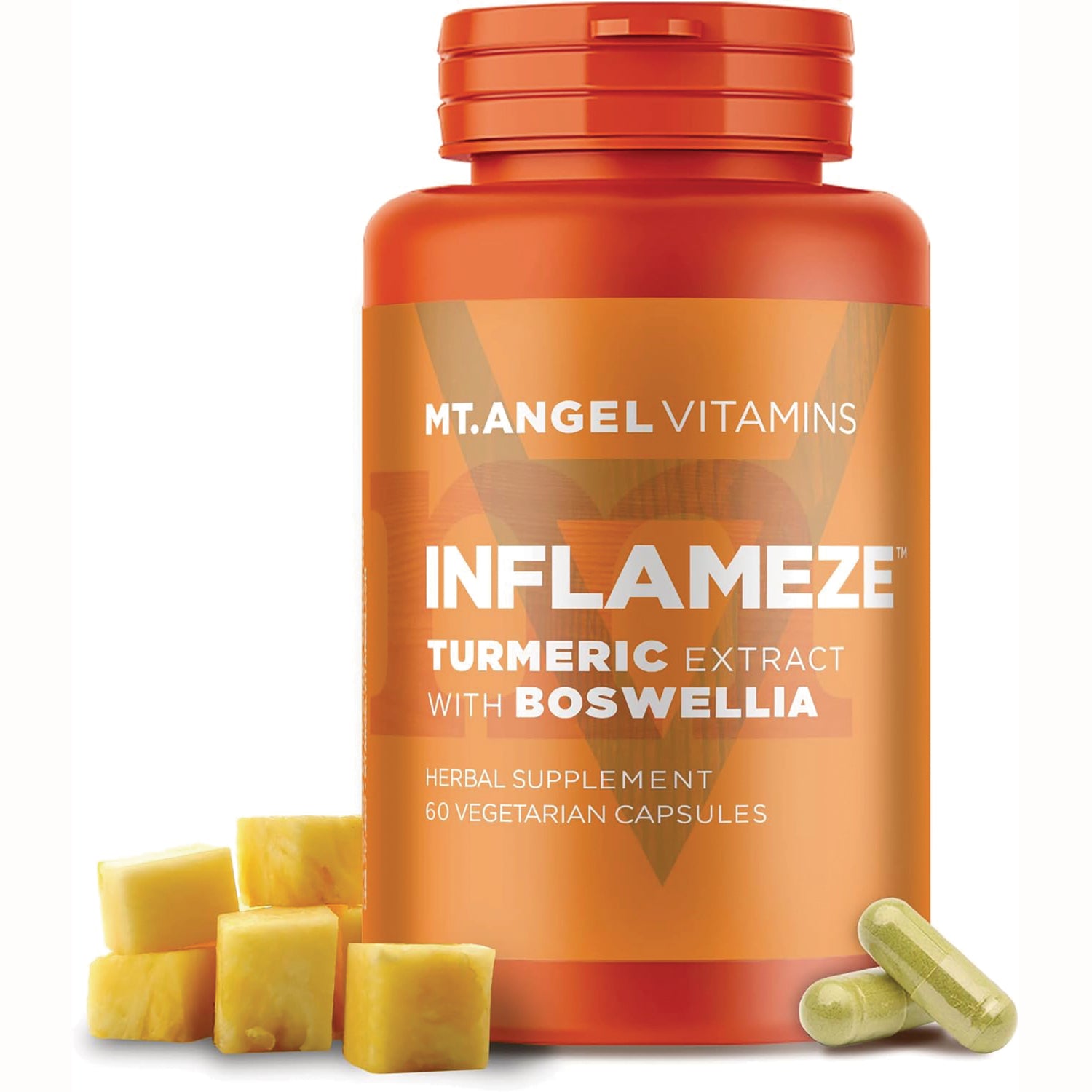 MAV010 | Orange bottle labeled INFLAMEZE turmeric extract with boswellia, 60 vegetarian capsules, pineapple cubes and two green capsules